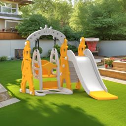3 in 1 Castle Play Set for Kids Slide Swing Basketball Yellow & White-image-15