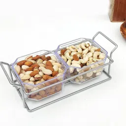 Plastic 2 Pcs Bowl Set with Metal Tray Server Like Any Foods, Snack, Nuts Bowl Serving Set-image-43