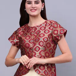 Frolic Rolic Maroon Silk Jacquard Wowen Design Waist Length Ethnic Blouse-image-89