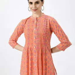 MEESAN Orange Print Mandarin Collar Longline Pure Cotton Ethnic Top-image-45