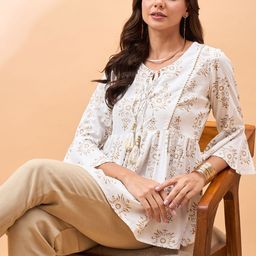 all about you White Floral Printed Tie-Up Neck Bell Sleeve A-Line Top-image-35