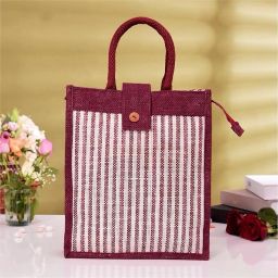 Jute Top Flap-Lining Carry Shopping Bag with Handle|Medium|Maroon Grocery Bag-26