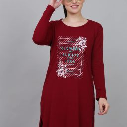 Women Printed Round Neck Cotton Blend Maroon T-Shirt-image-61
