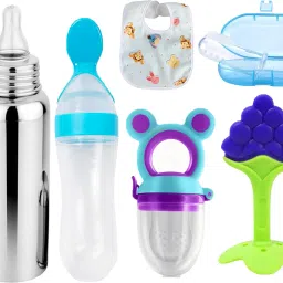 baby Steel milk bottle with Teether feeder and spoon feeder - Silicone-12