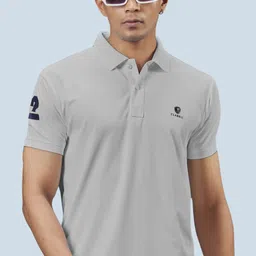 3bros Men Solid Polo Neck Cotton Blend Grey T-Shirt-picture-34