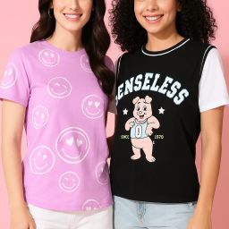 Pack of 2 Women Printed Round Neck Pure Cotton Multicolor T-Shirt-image-8