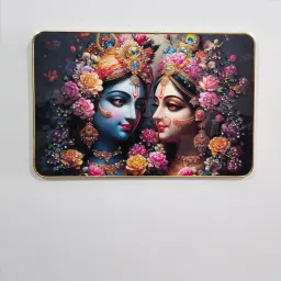 Radha Krishna Crystal Embedded High Gloss Surface with Golden Slim Frame Embossed 12 inch x 18 inch Painting-58