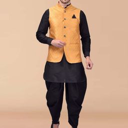 PRINTINDIA Mandarin Collar Pure Silk Straight Kurta with Dhoti Pants & Nehru Jacket-image-66