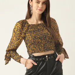 Antheaa Women Navy Blue & Mustard Yellow Abstract Print Bishop Sleeves Smocked Crop Top-image-24