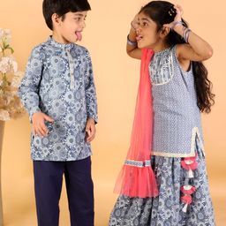 LIL DRAMA Girls Navy Blue & White Printed Ready to Wear Lehenga & Choli-picture-35