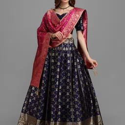 PURVAJA Navy Blue & Pink Semi-Stitched Lehenga & Unstitched Blouse With Dupatta-picture-46