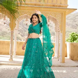 SHOPGARB Embroidered Sequinned Semi-Stitched Lehenga & Unstitched Blouse With Dupatta-picture-19