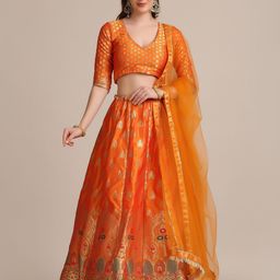 Warthy Ent Orange & Golden Semi-Stitched Lehenga & Unstitched Blouse With Dupatta-picture-11