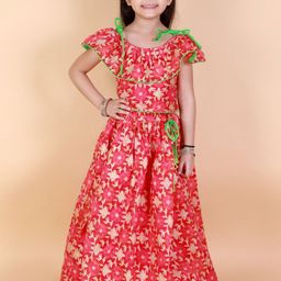 KID1 Girls Pink & Gold-Toned Floral Printed Ready to Wear Silk Pavda Pattu-image-40