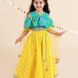 pspeaches Girls Yellow & Turquoise Blue Printed Ready to Wear Lehenga & Blouse With Dupatta-picture-43