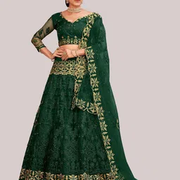 Warthy Ent Green & Gold-Toned Embroidered Thread Work Semi-Stitched Lehenga Choli Set-picture-25