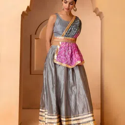 Geroo Jaipur Grey & Pink Embellished Ready to Wear Lehenga & Unstitched Blouse With Dupatta-image-1
