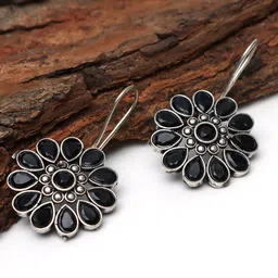 Ozanoo Brass-Plated Stone Studded Oxidised Drop Earrings-0