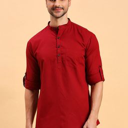 RAJUBHAI HARGOVINDAS Mandarin Collar Roll-Up Sleeves Linen Straight Short Kurta-49