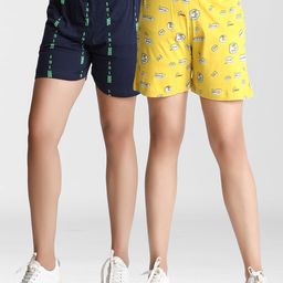 Dream of Glory Inc Women Pack Of 2 Navy Blue & Yellow Printed Hot Pants Shorts-image-67