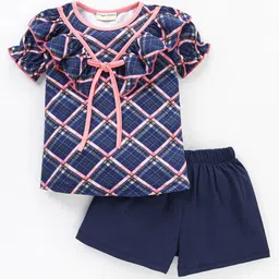 CrayonFlakes Girls Checked Pure Cotton Ruffles Top with Shorts-image-1