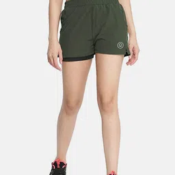 CHKOKKO Women Olive Green Running Sports Shorts-4