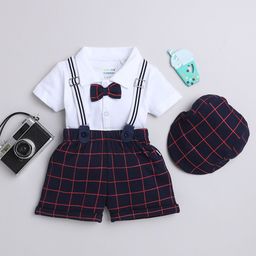 BUMZEE Boys Checked Pure Cotton Shirt & Shorts With Bow Suspender & Cap-47