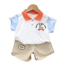 StyleCast Kids White Printed Polo Collar Pure Cotton T-shirt With Shorts Clothing Set-50