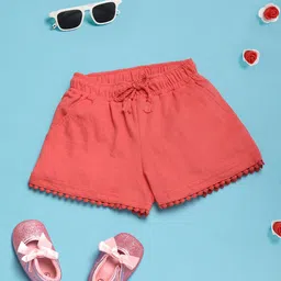 V-Mart Girls Solid Mid-Rise Pom-Pom Detail Cotton Casual Regular Shorts-image-92