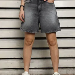 High Star Women Boyfriend Fit Washed High-Rise Cotton Denim Shorts-image-78