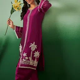 Sangria Embroidered V Neck Kurta With Dhoti Pant-22