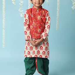 KID1 Boys Ethnic Motifs Printed Pure Cotton Kurta With Dhoti Pants &  Jacket-image-15