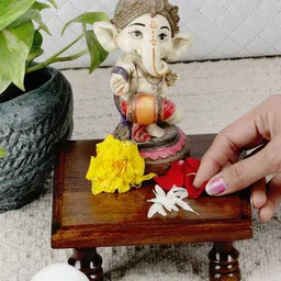 GLOBALLY INDIAN Brown Square Wooden Pooja Chowkie-image-15