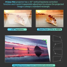 Prime Projector Latest PS4 Projector |7500 Lumens, 3840x2160 (4K) Resolution, 20,000:01 Contrast Ratio |Android 9.0 (Pie) with WiFi, Bluetooth| 4D Digital Keystone, Zoom in-Out | 1 Year Warranty |(PS4) (Black) (7500 lm / 2 Speaker / Wireless / Remote Controller) Portable Projector image 5