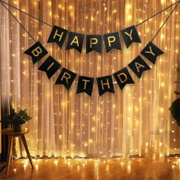 Happy Birthday Decoration Kit -2Pcs Black Banner with Led Light Birthday Decorations Items for Bday Lights Combo Pack Set, Husband,Wife, First, 2nd,30th,40th,50th Theme-1