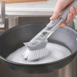 Multipurpose Use Handheld Kitchen Cleaning Scrubber Brush, Dish Bowl Washing Brush With Refill Liquid Soap Dispenser, Stain Remover Brush, Easy Cleaning for Utensils, Sink, Dishes, Pots, Facutes etc (Multi colour- 1 piece) Plastic Wet and Dry Brush-image-3