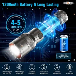 pick ur needs Rechargeable Metal Body Torch Zoomable Head 1200 mAh Battery 3 Color Mode Lights 5 hrs Torch Emergency Light image 2