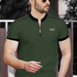 Men Solid Mandarin Collar Cotton Blend Dark Green, Black T-Shirt-image-24