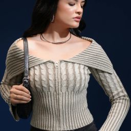 Women Self Design Off Shoulder Grey Sweater-image-4