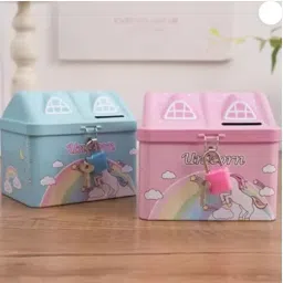 House Shape Unicorn Printed Coin Piggy Bank for Kids Lock and Key Set- 2-image-2