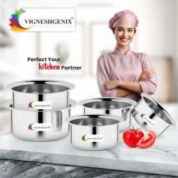 Pack of 5 Stainless Steel Dinner Set Pateli Bhagona For Cooking Serving Tope set Dinner Set-image-82