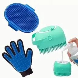 Pet Grooming Kit -PALM GLOVES ,D SHEEDING GLOVES, SHAMPOO BRUSH (PACK OF 3), Plain/ Bristle Brushes forDog & Cat-picture-1