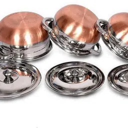 strobine Pack of 3 Steel 3 Copper Serving Bowl, Cooking Pots, Serving Handi, Cookware Handi Set With Lid Dinner Set image 5