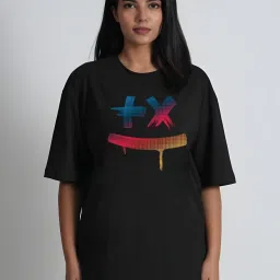 Women Self Design Round Neck Pure Cotton Black T-Shirt-image-8