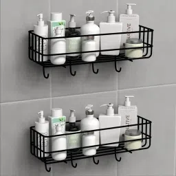 Steel Black Bathroom Shelf with Hook Combo Steel Wall Shelf-33