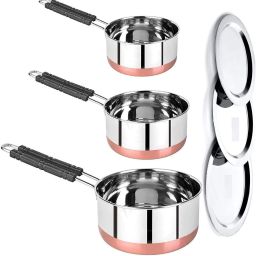 Steel Copper Bottom Saucepan / Milk Pan / Tea Pan / Tapeli / Patila /Chai Pan K0 4.3 inch, 5.9 inch, 6.6 inch Lid Set, Pack of 6-image-51