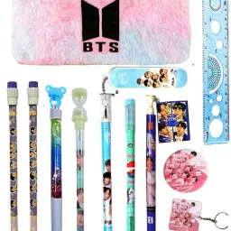 Combo of BTS Stationery Gift Set for Kids 11 pcs Cute Korean Team Bt-21 School Items for Kids Fancy Gift Set Birthday Return Party Favor Rakhi Gift for Sisters Art Canvas Pencil Box-picture-18