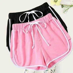 Pack of 2 Solid Women Pink, Black Regular Shorts-image-3