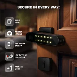 OZONE Smart Internal Door Lock for Wooden & Metal Doors with 4-way Access Mobile App, Fingerprint, Password and Emergency Key | Black Smart Door Lock image 2