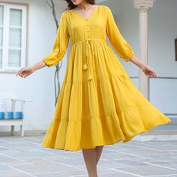 janasya Women Tiered Yellow Midi/Calf Length Dress-picture-46